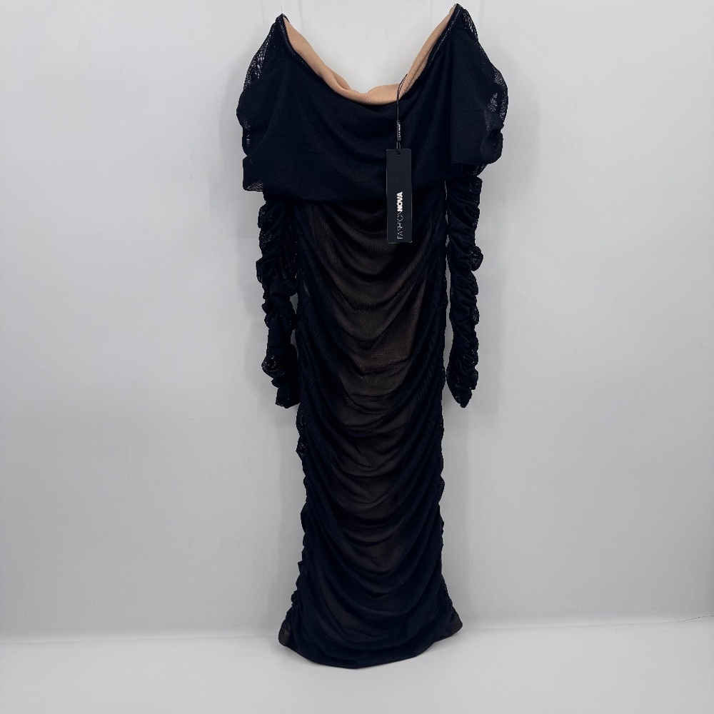 Fashion Nova Dress Women Small NEW Black Mesh Ruched Off Shoulder Whimsigoth